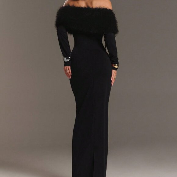 Black Elegant Women's Off Shoulder Patchwork Faux Fur Long Evening Dress - Picture 2 of 7